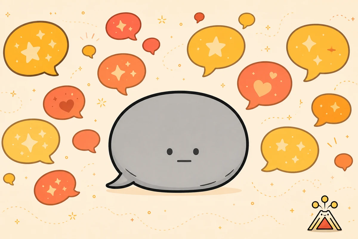 Flat illustration: a dull grey speech bubble among many colorful lively ones, Million Whys brand style