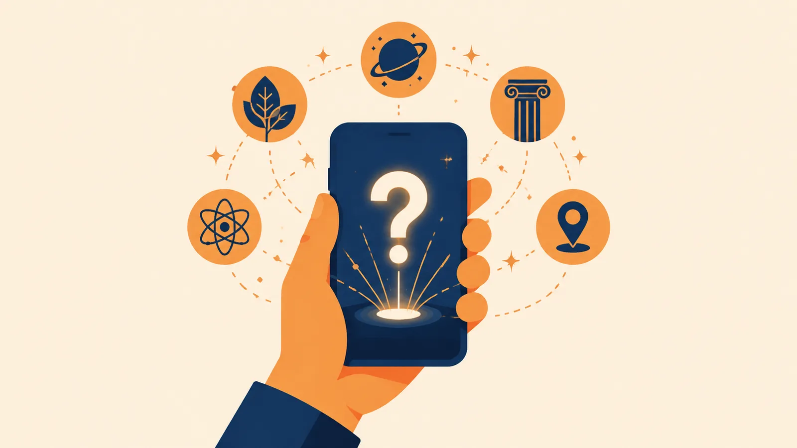 A phone opening a question as science, nature, history, and geography sparks orbit around it