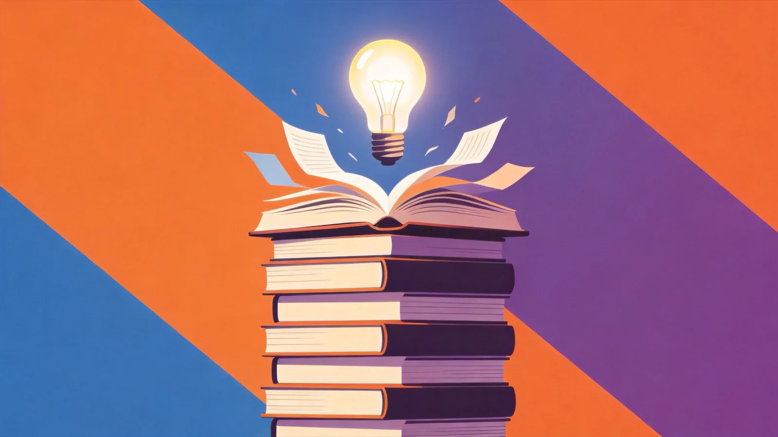 Flat illustration of a stack of books with pages folding into a glowing lightbulb — book-summary apps like Blinkist and Imprint compress books into key ideas