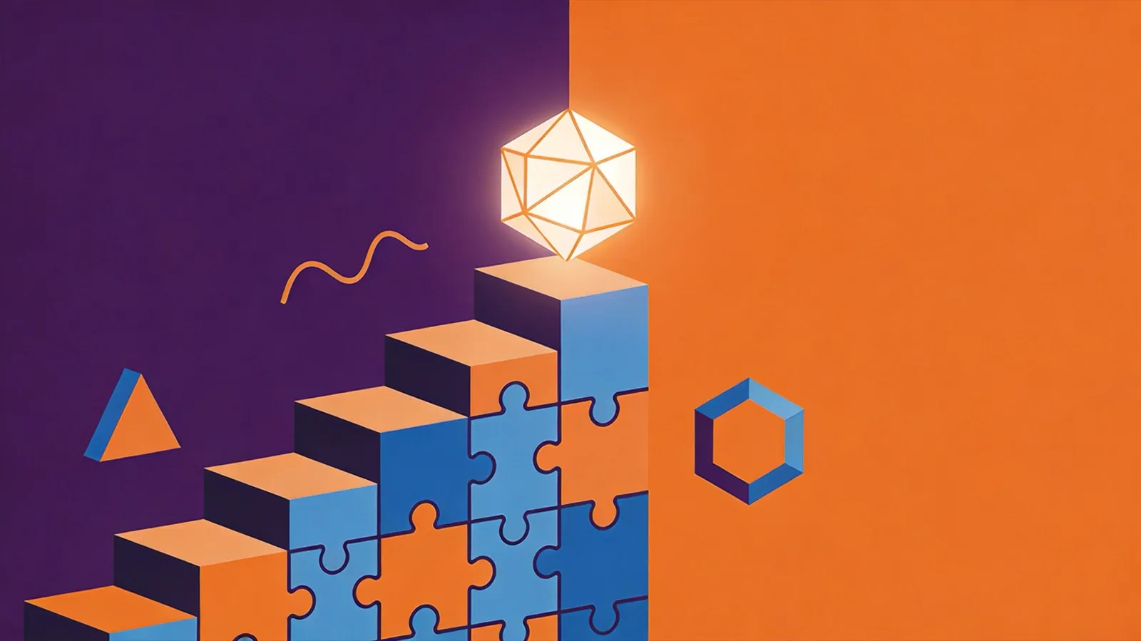 Isometric illustration of a staircase built from puzzle pieces climbing toward a glowing polyhedron — deep interactive STEM problem-solving on Brilliant
