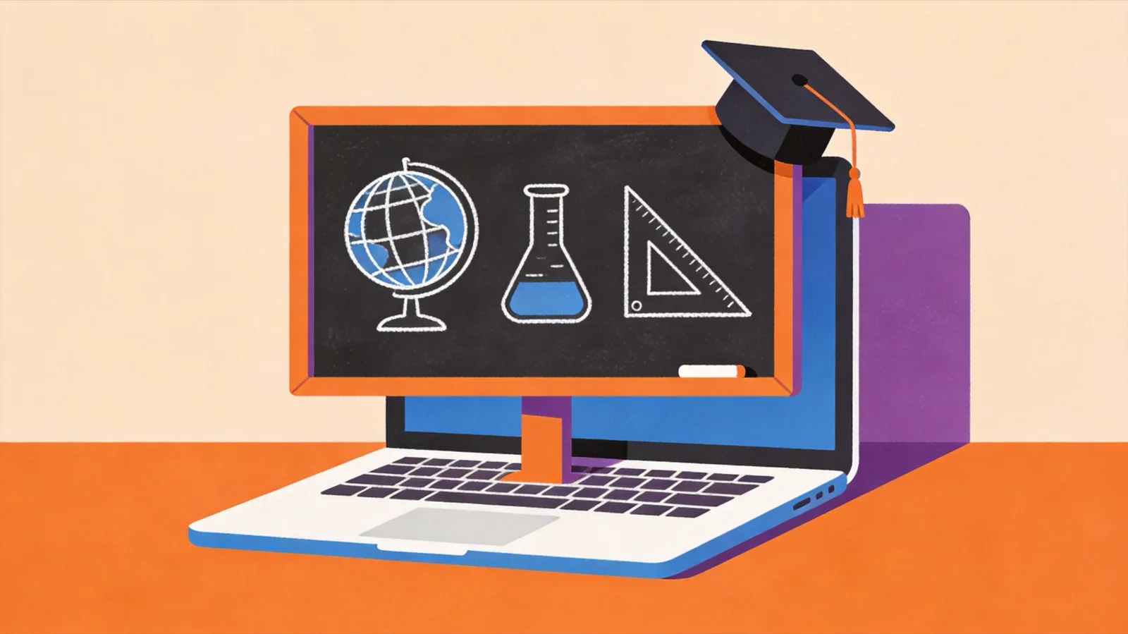 Flat illustration of a laptop with a chalkboard rising from the screen showing a globe, beaker and triangle, topped with a graduation cap — free structured courses on Khan Academy
