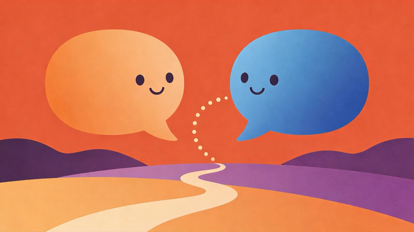 Flat illustration of two friendly speech bubbles in conversation, representing dialogue-first language apps like Babbel and Busuu