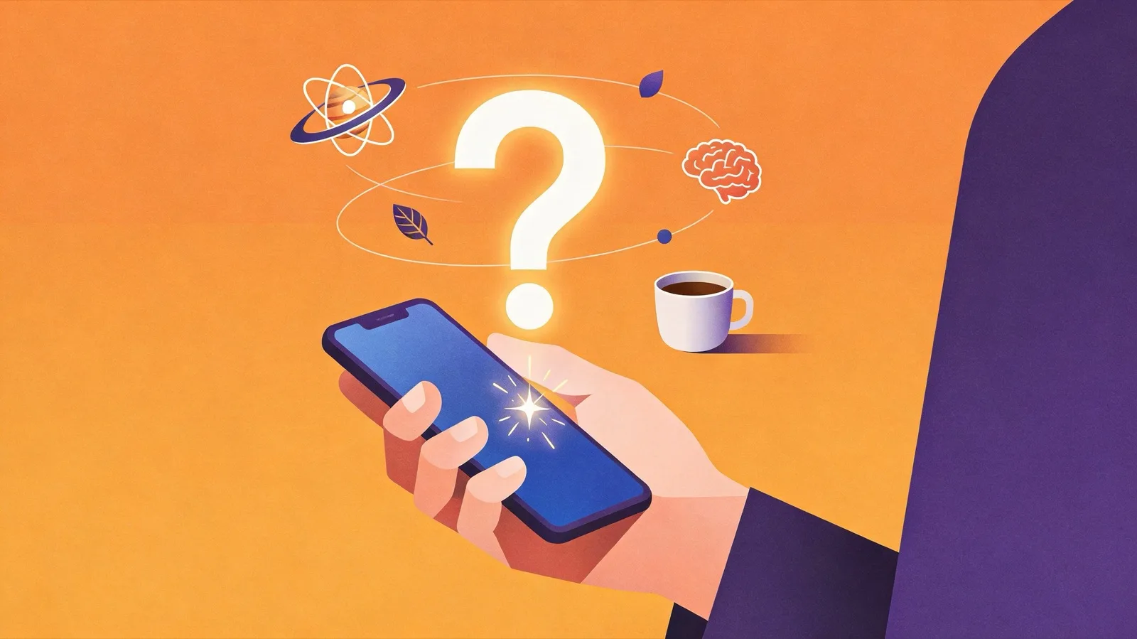 Flat illustration of a hand holding a phone with a glowing question mark and orbiting science icons — a ten-second curiosity moment with Million Whys