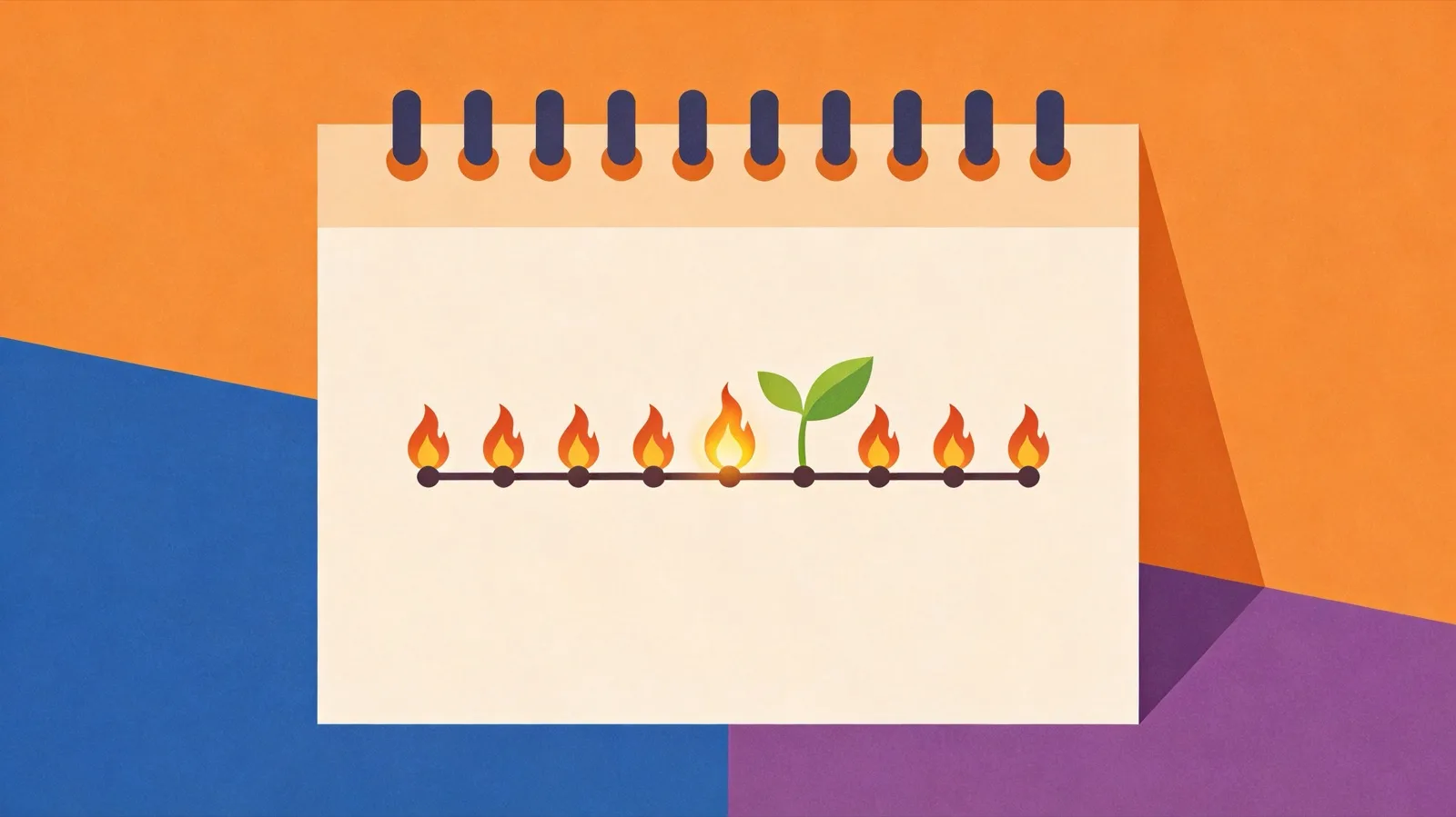 Flat illustration of a calendar with a chain of flame icons where one flame is replaced by a green leaf sprout and the chain continues unbroken — letting go of streak pressure