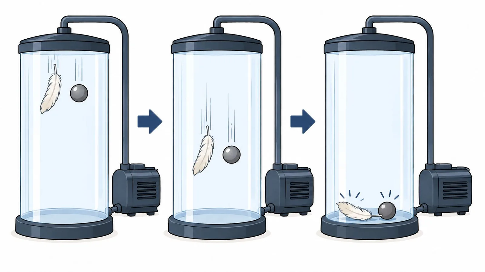 A vacuum chamber experiment showing a feather and metal ball falling at the same speed together.