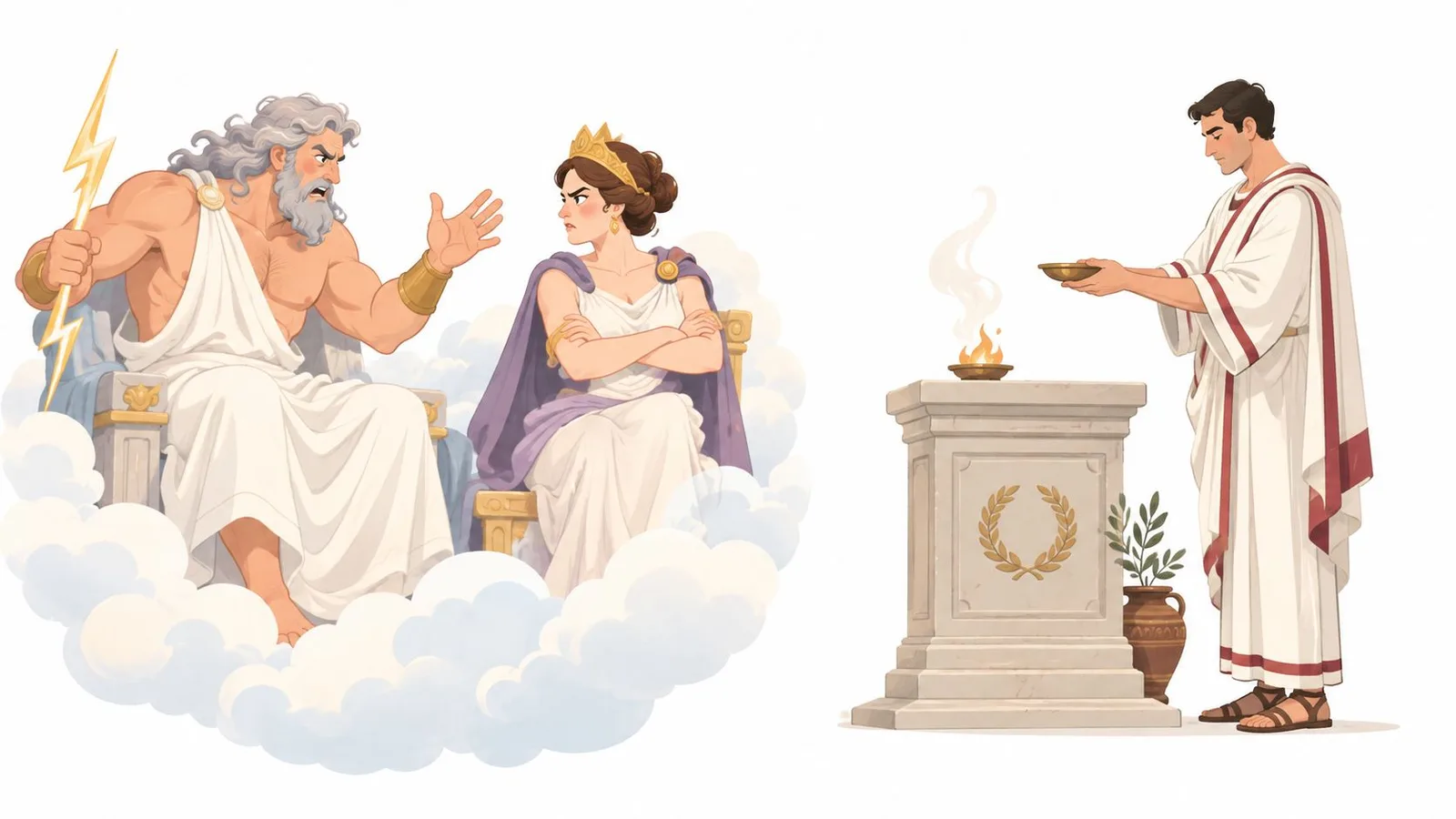 Illustration showing Greek gods Zeus and Hera on clouds looking down at a Roman man offering sacrifice.