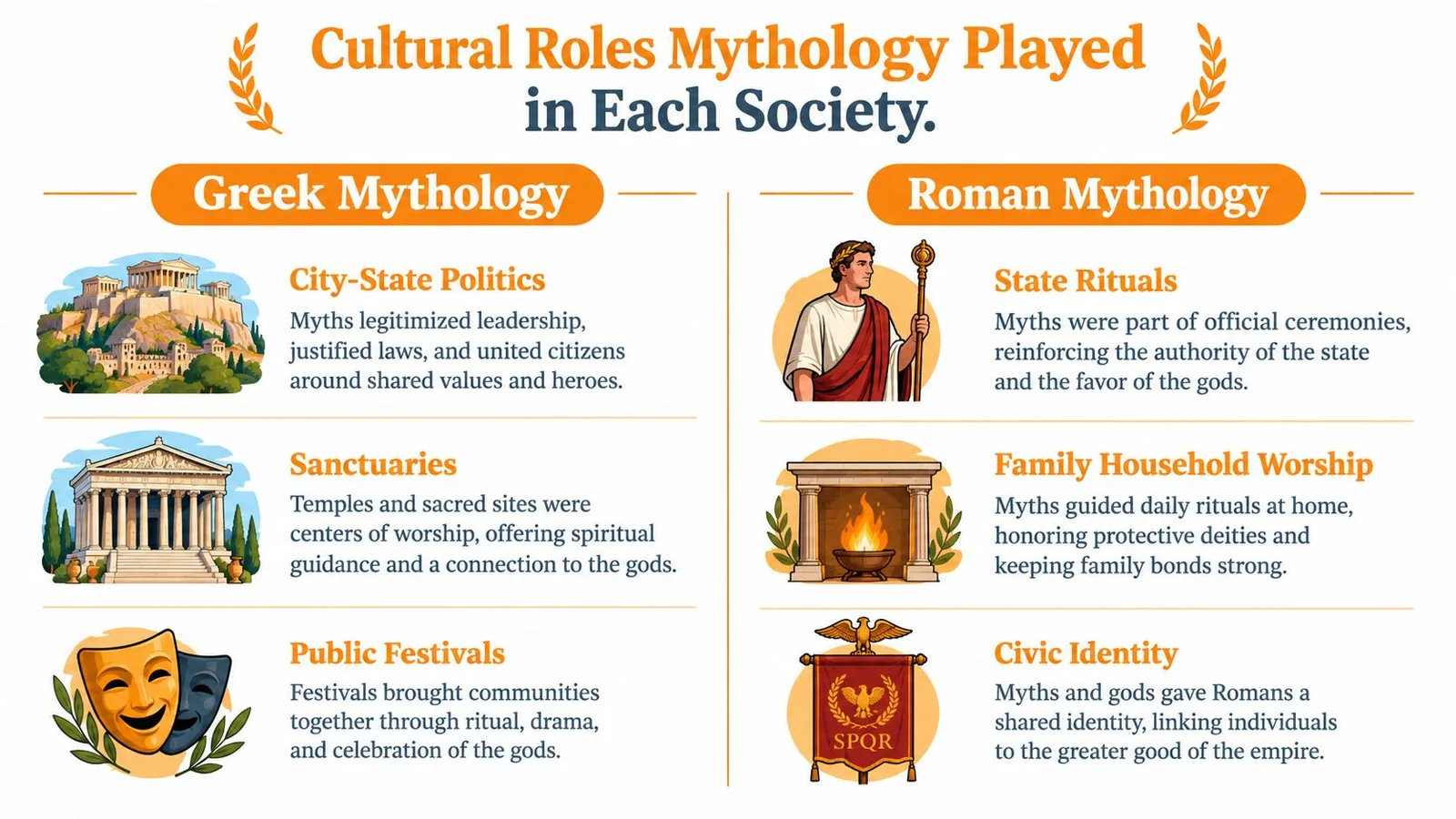 A comparative infographic detailing the cultural roles and social functions of Greek and Roman mythology in society.