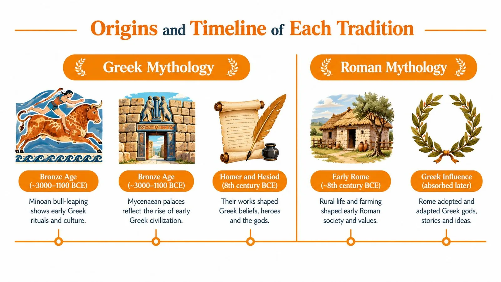 A timeline graphic illustrating the historical origins and developmental stages of Greek and Roman mythology.