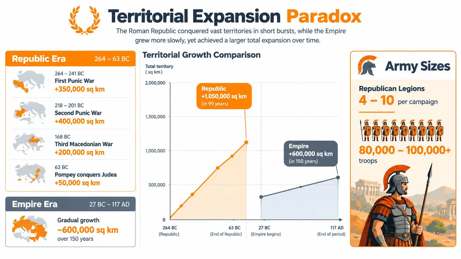 An infographic comparing the rapid territorial expansion of the Roman Republic with the gradual growth of the Empire.