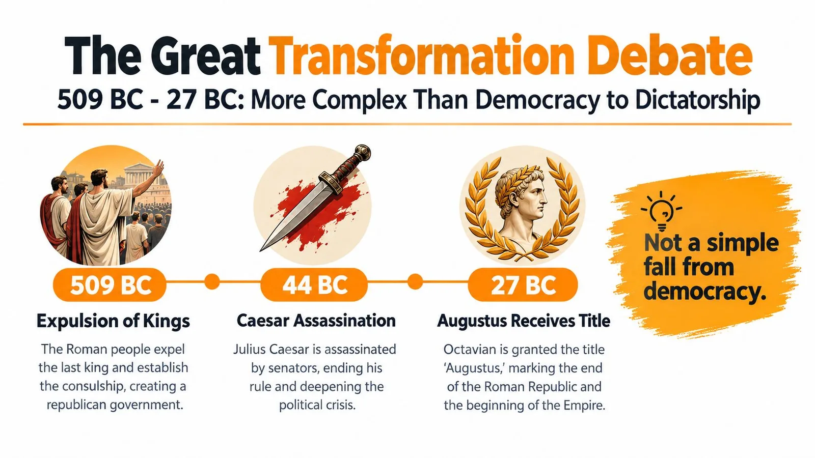 A timeline chart titled The Great Transformation Debate illustrating key historical events in ancient Rome from 509 BC.