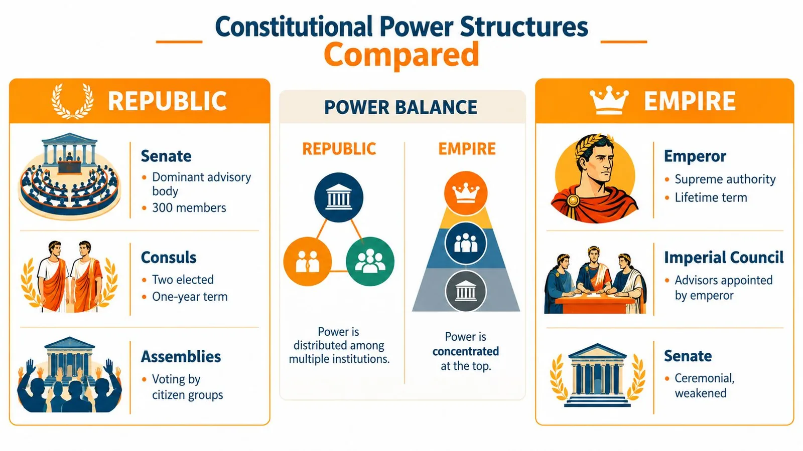 A comparison chart showing the power structure differences between the Roman Republic and the Roman Empire.