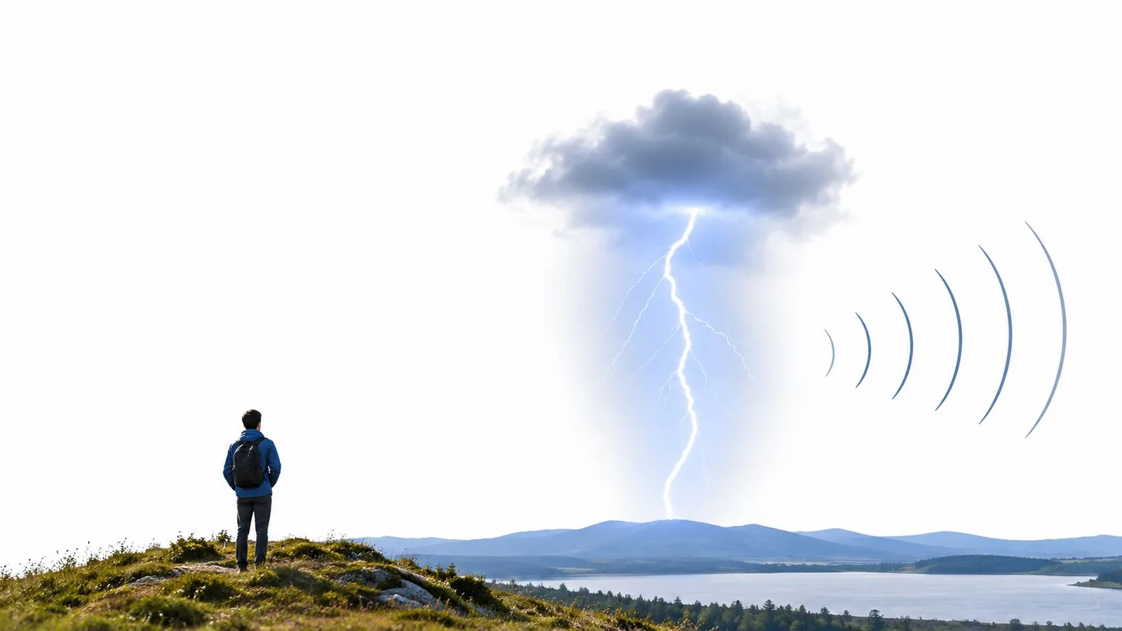 A person standing on a grassy hill watching a lightning strike over a distant lake.