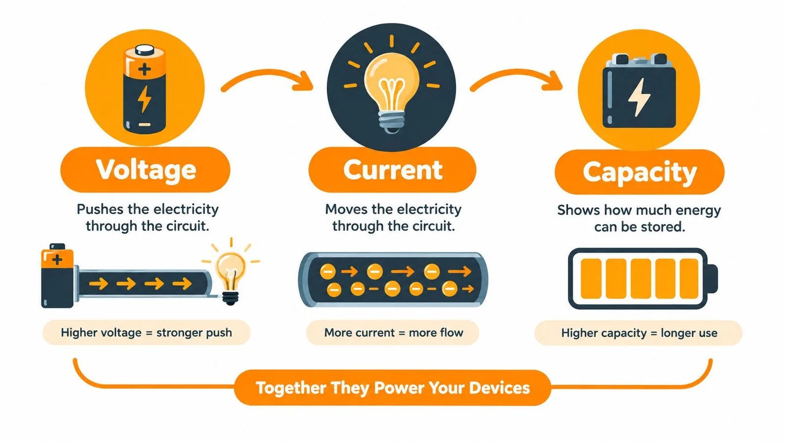 An infographic explaining the relationship between voltage, current, and capacity in battery-powered electronic devices.