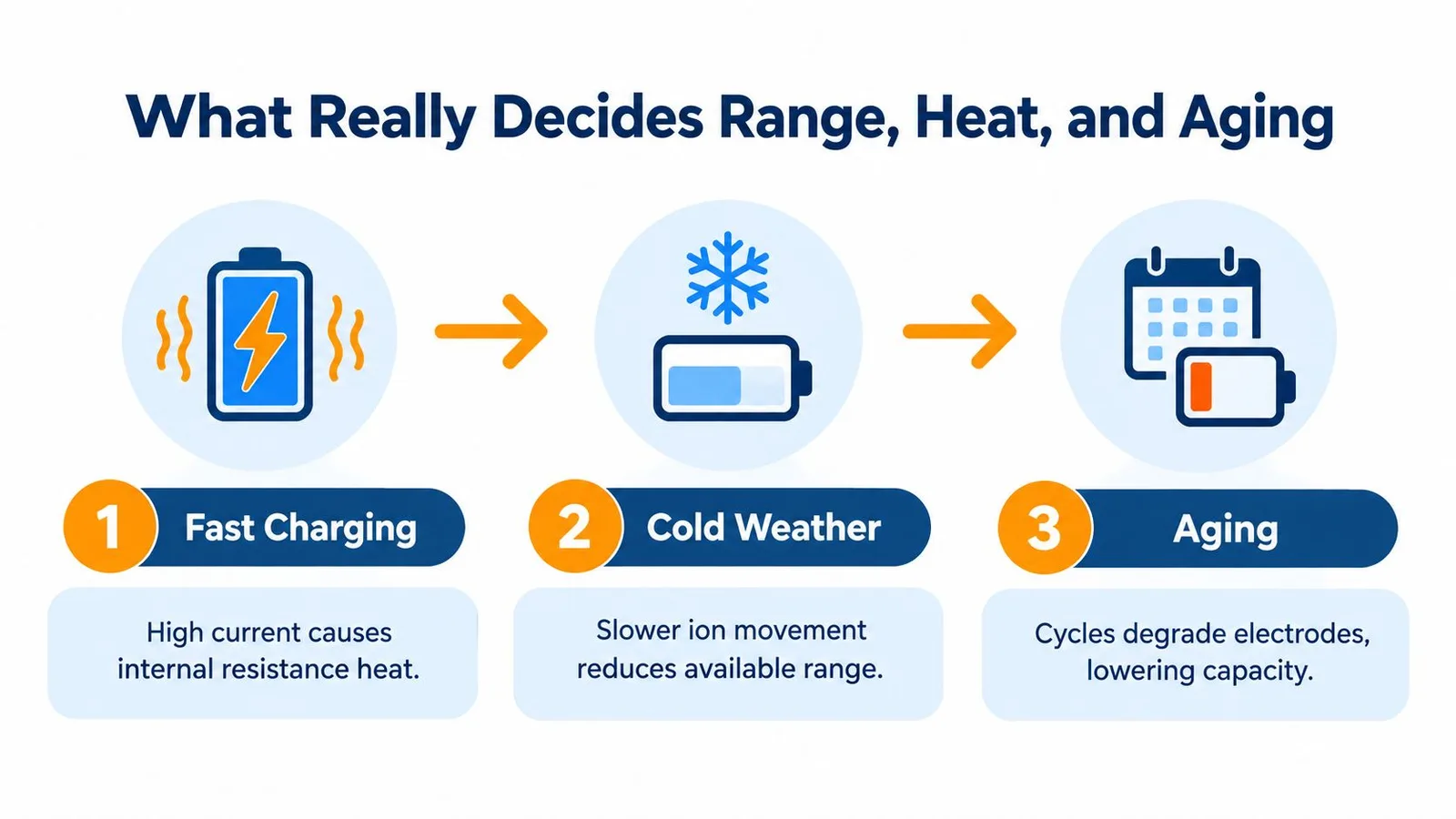 A diagram illustrating three key factors affecting electric vehicle battery health: fast charging, cold weather, and aging.