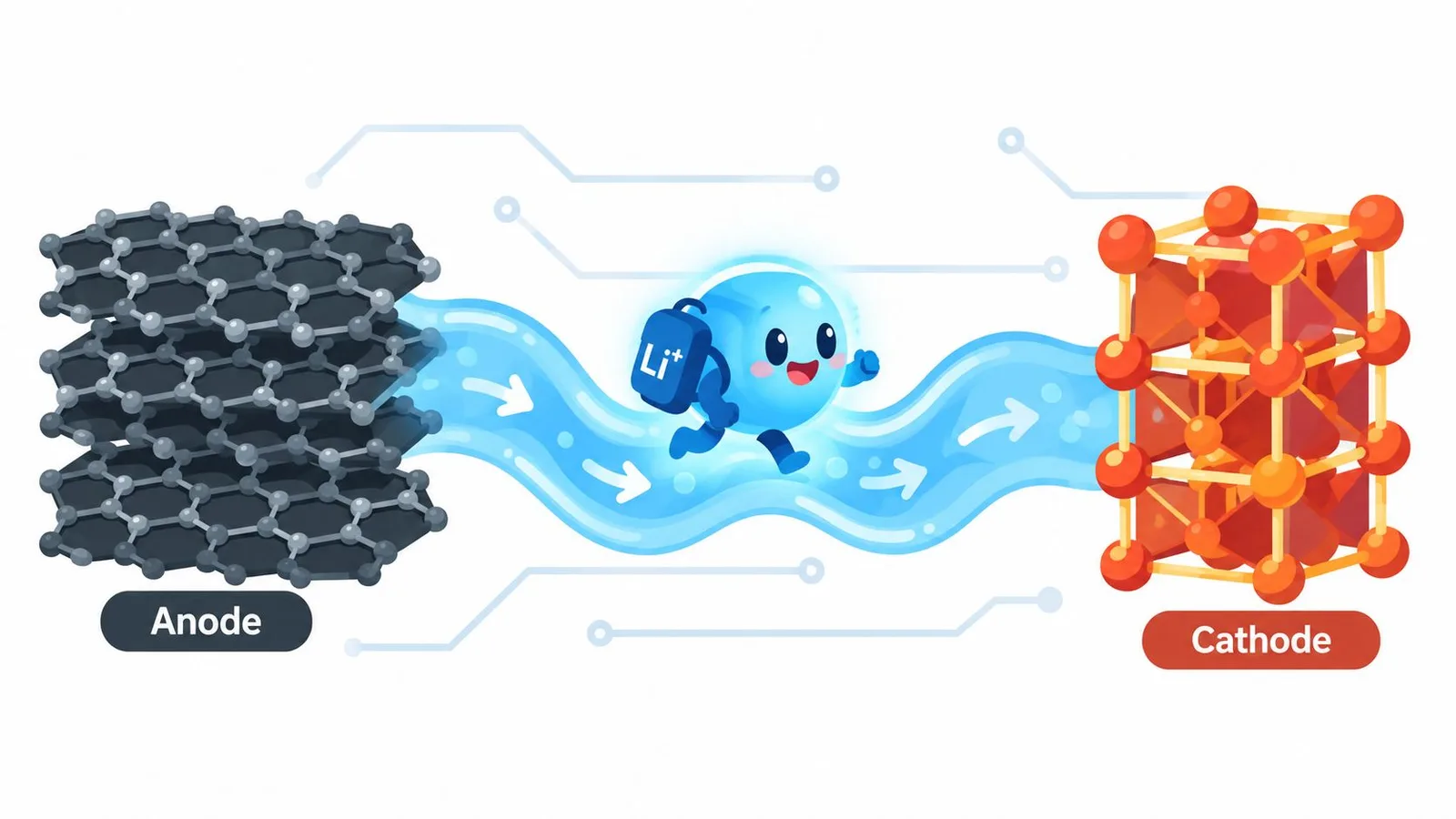 An illustration showing a cartoon lithium ion character moving from a graphite anode to a cathode structure.