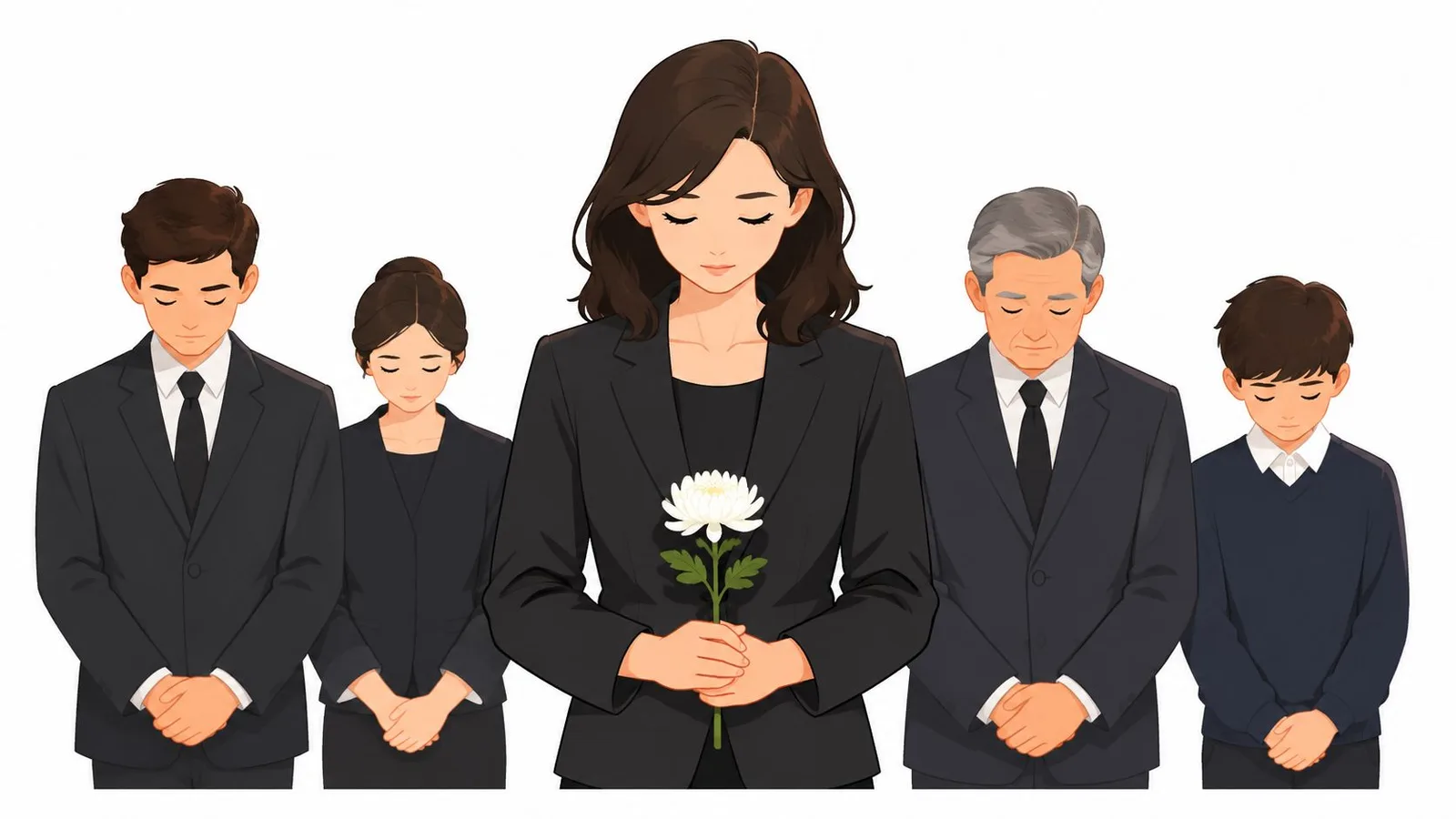 A diverse family standing together in solemn mourning, dressed in black attire with heads bowed in respect.
