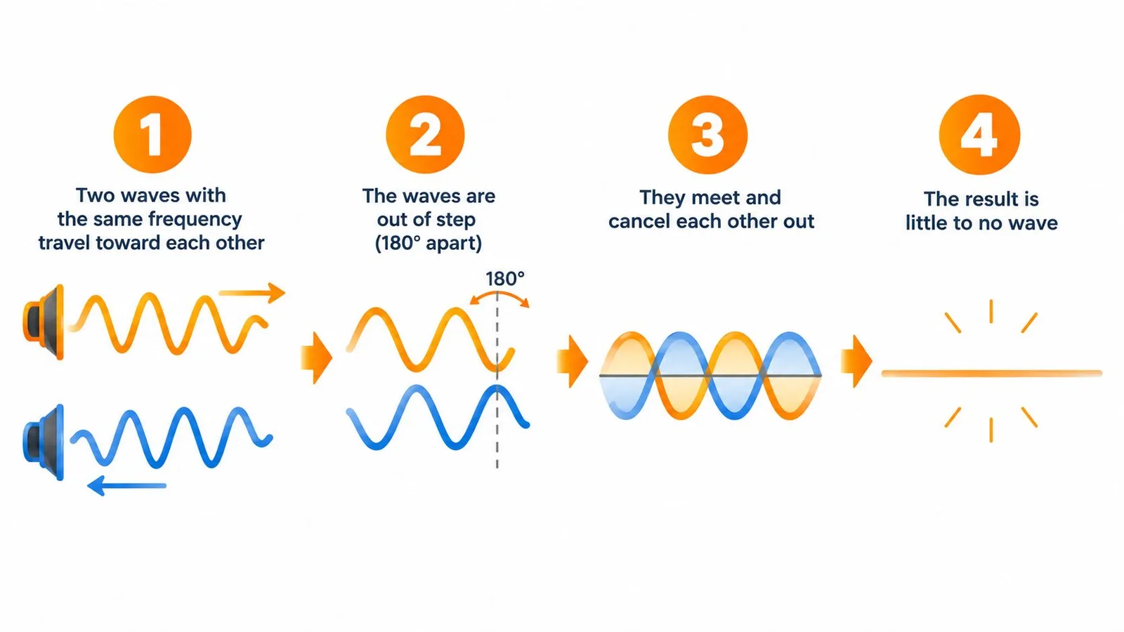 A diagram illustrating destructive wave interference with two sound waves canceling each other out.