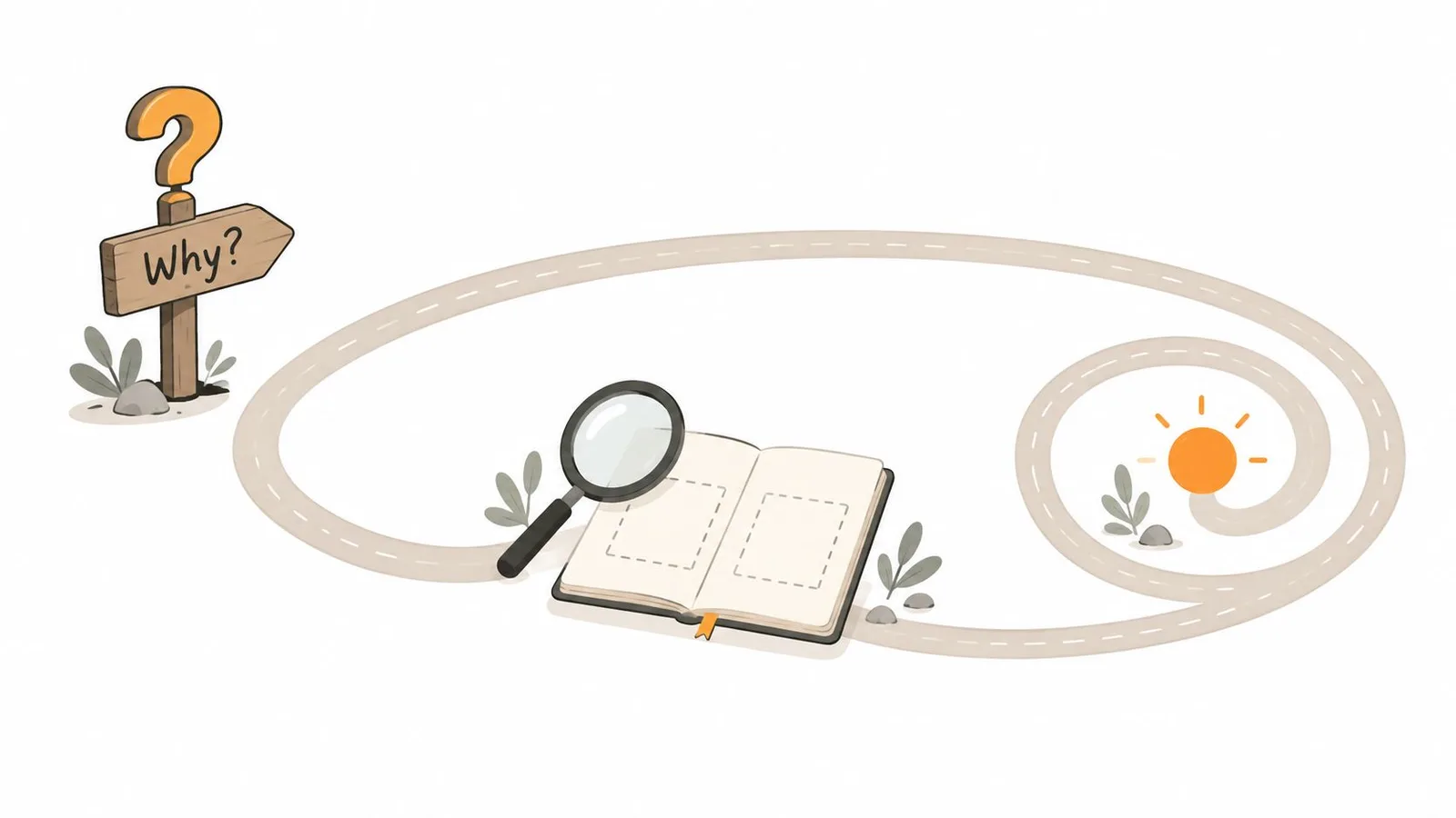 An illustration of a road path winding past a question sign, a magnifying glass, and an open book.
