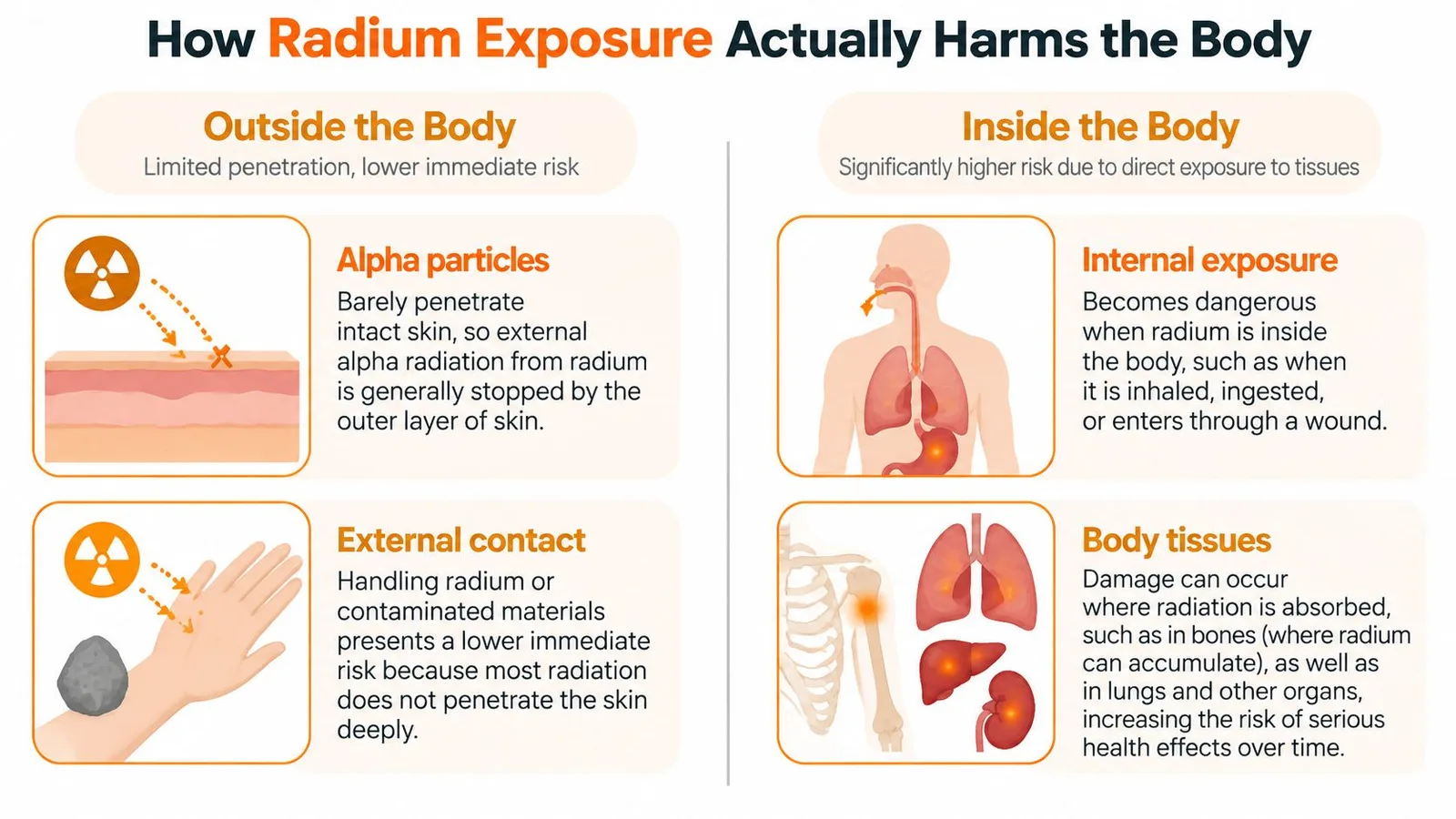 An infographic showing how radium exposure harms the human body through external and internal contact paths.