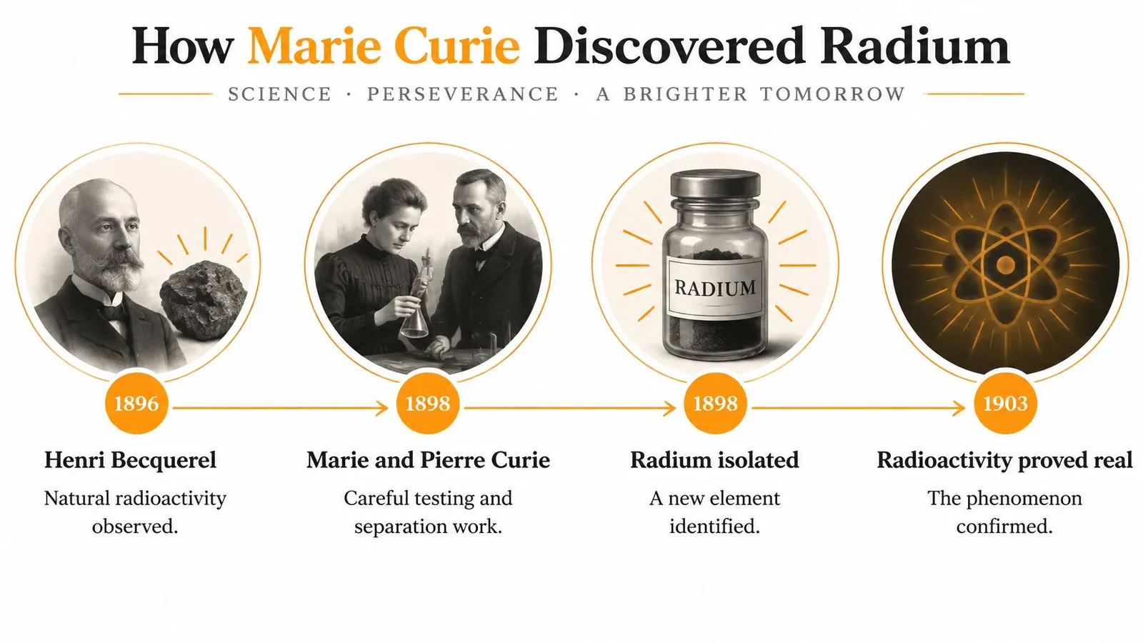 A timeline infographic detailing the scientific discovery of radium by Marie and Pierre Curie starting in 1896.