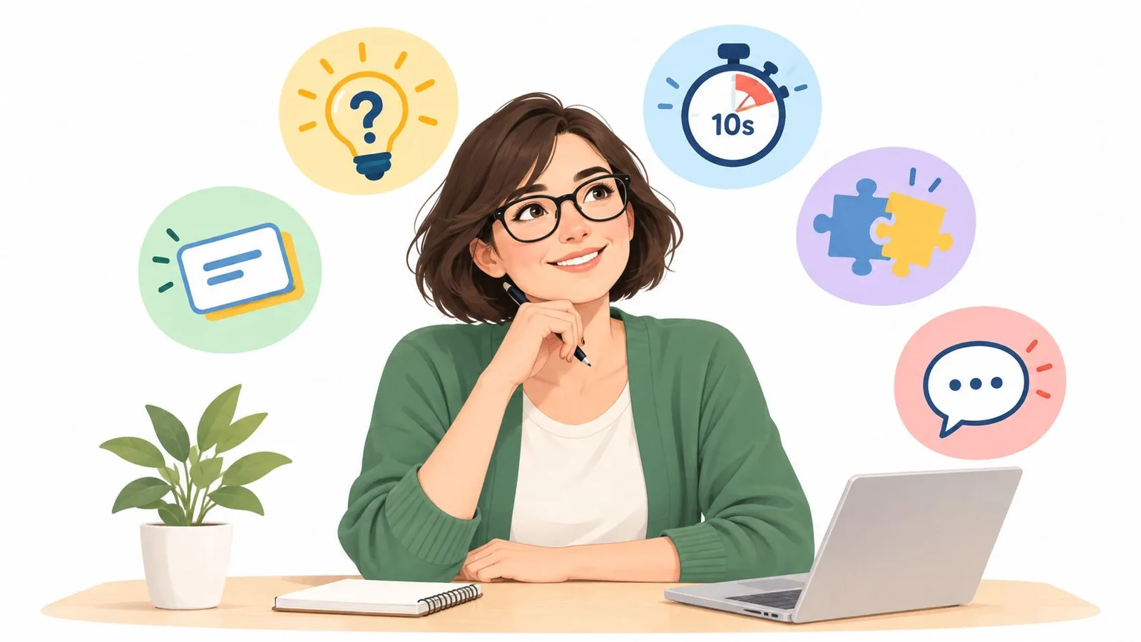 A young woman smiling while thinking, surrounded by digital icons representing learning, time management, problem-solving, and communication.