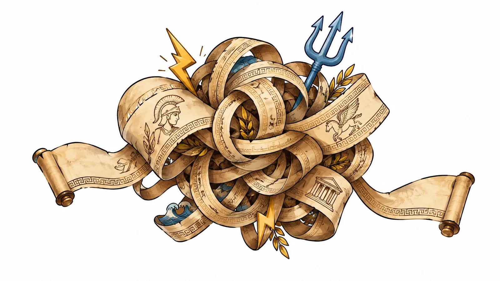 An intricate, knotted antique parchment scroll decorated with Greek mythology symbols like a trident and lightning bolt.