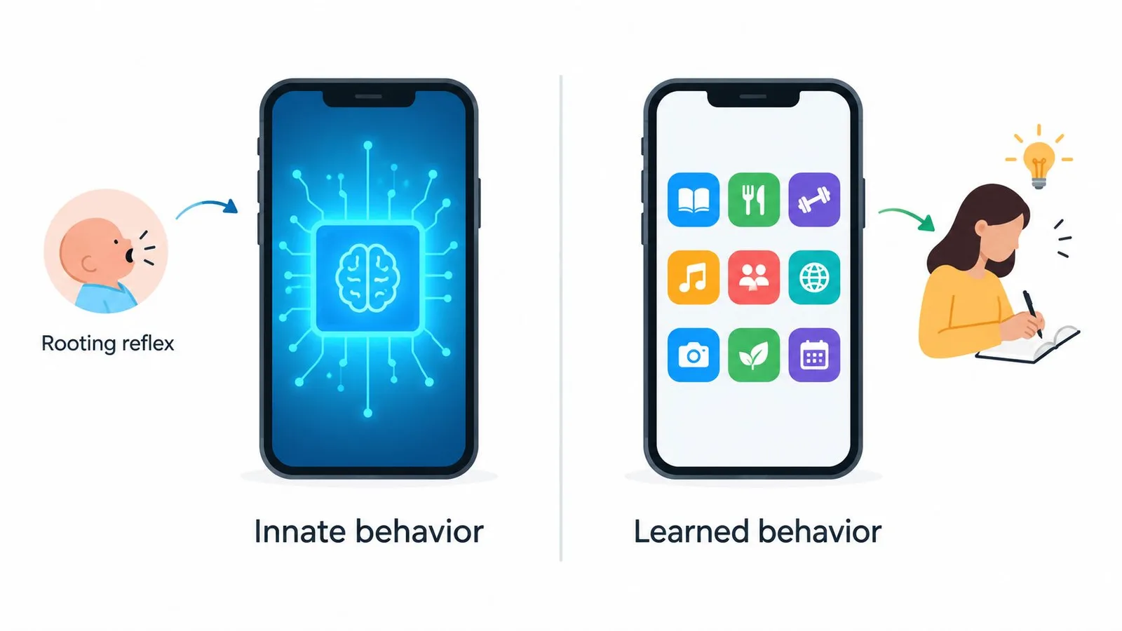 A split image illustration comparing innate behavior shown as a rooting baby reflex and learned behavior shown as studying.