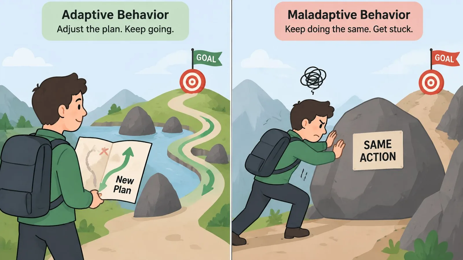 A split illustration comparing adaptive behavior of adjusting plans versus maladaptive behavior of repeating failed actions.