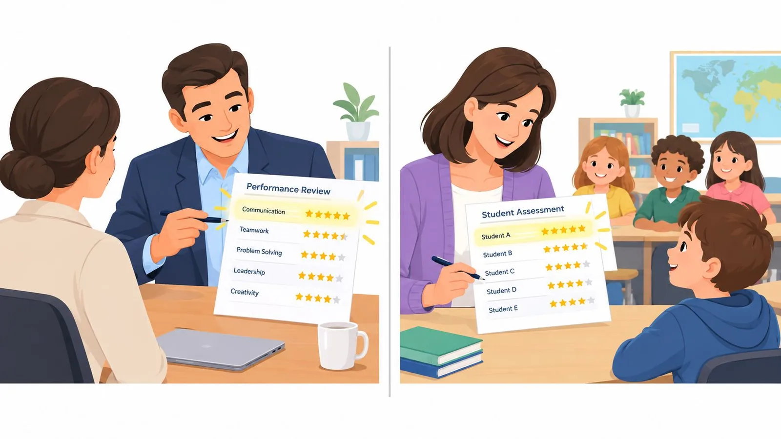 A split-screen illustration showing a professional performance review on the left and a student assessment on the right.