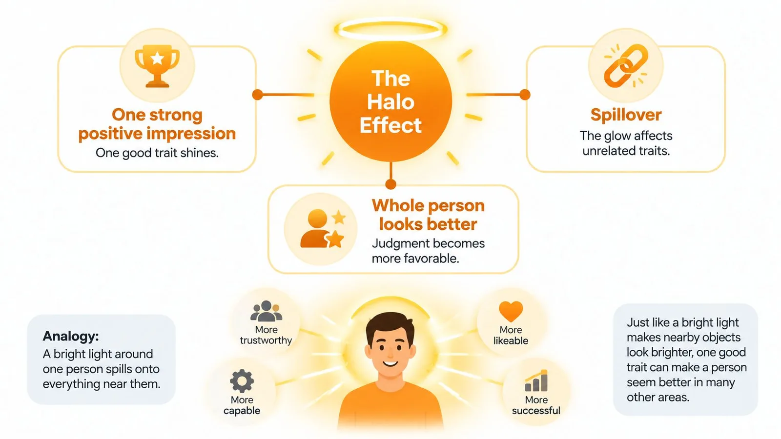 A diagram explaining the Halo Effect, showing how one positive trait influences perception of other unrelated traits.