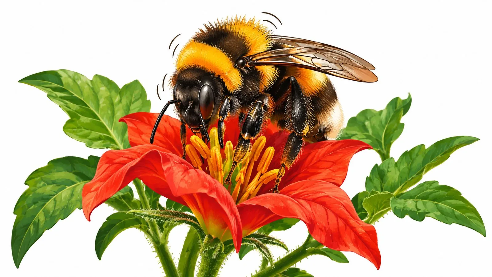 A close-up of a furry bumblebee perched on a vibrant red flower collecting nectar and pollen.