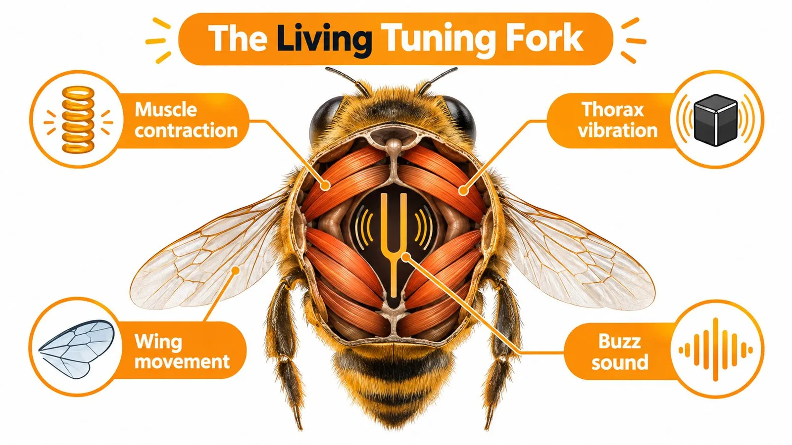 An anatomical illustration showing the internal thorax muscles of a bee vibrating like a tuning fork.