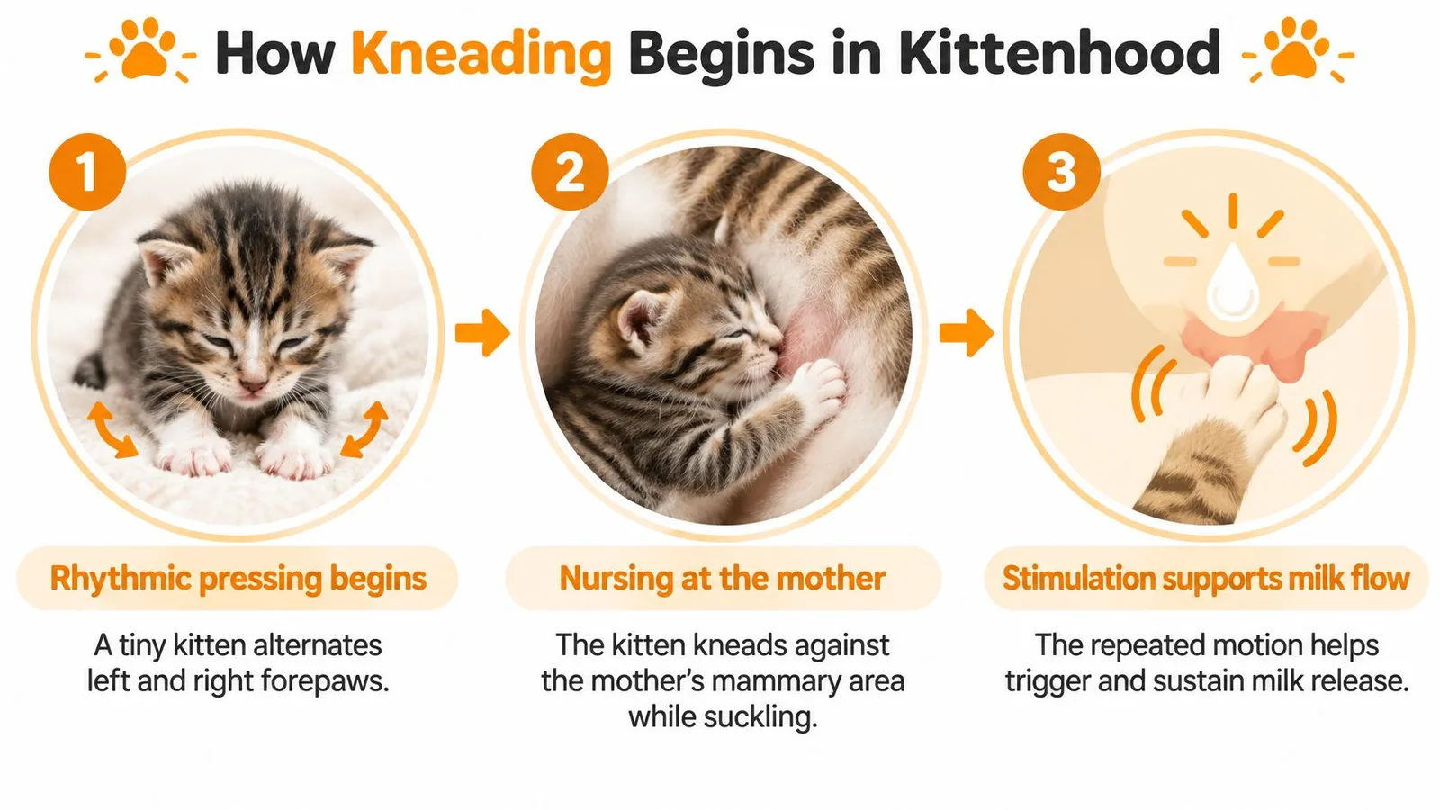 A three-step infographic showing how kittens naturally learn the rhythmic kneading motion while nursing from their mother.