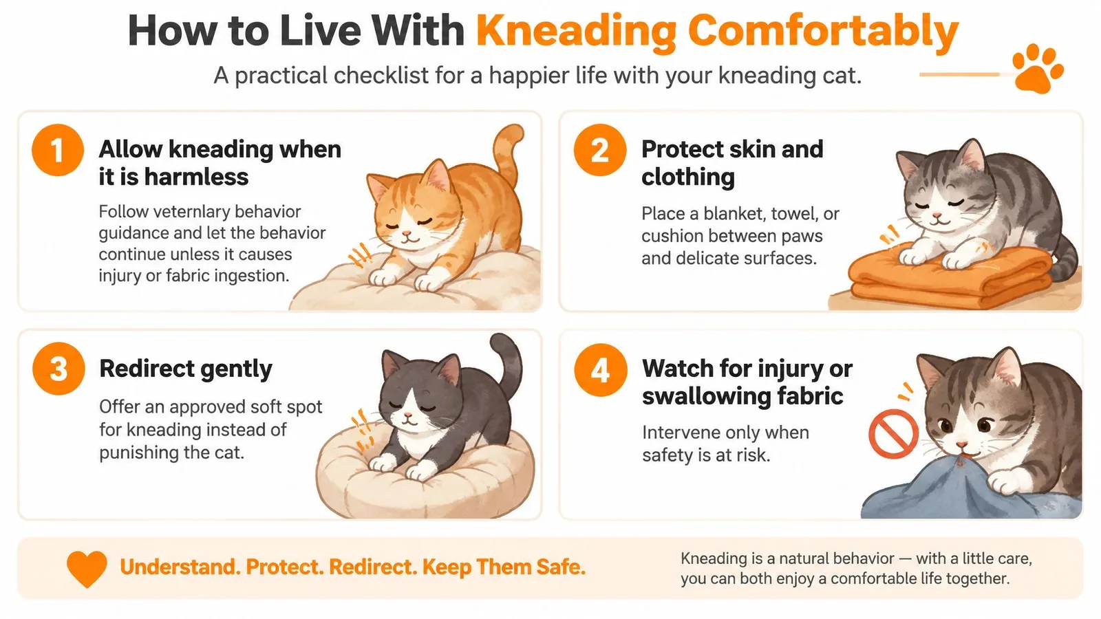 A helpful infographic featuring four steps for comfortably managing and understanding your cat's natural kneading behavior.