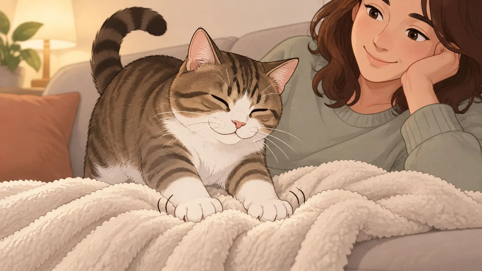 A happy tabby cat kneading a soft white blanket next to its smiling owner on a sofa.