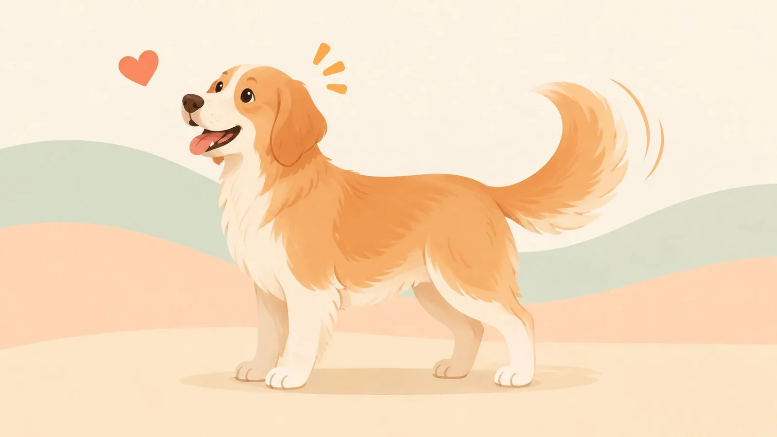 A friendly light brown dog with a wagging tail stands in a happy and playful pose.