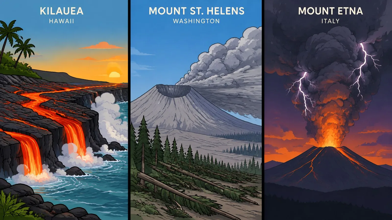 An illustration showcasing three famous active volcanoes, Kilauea, Mount St. Helens, and Mount Etna, displaying their unique landscapes.