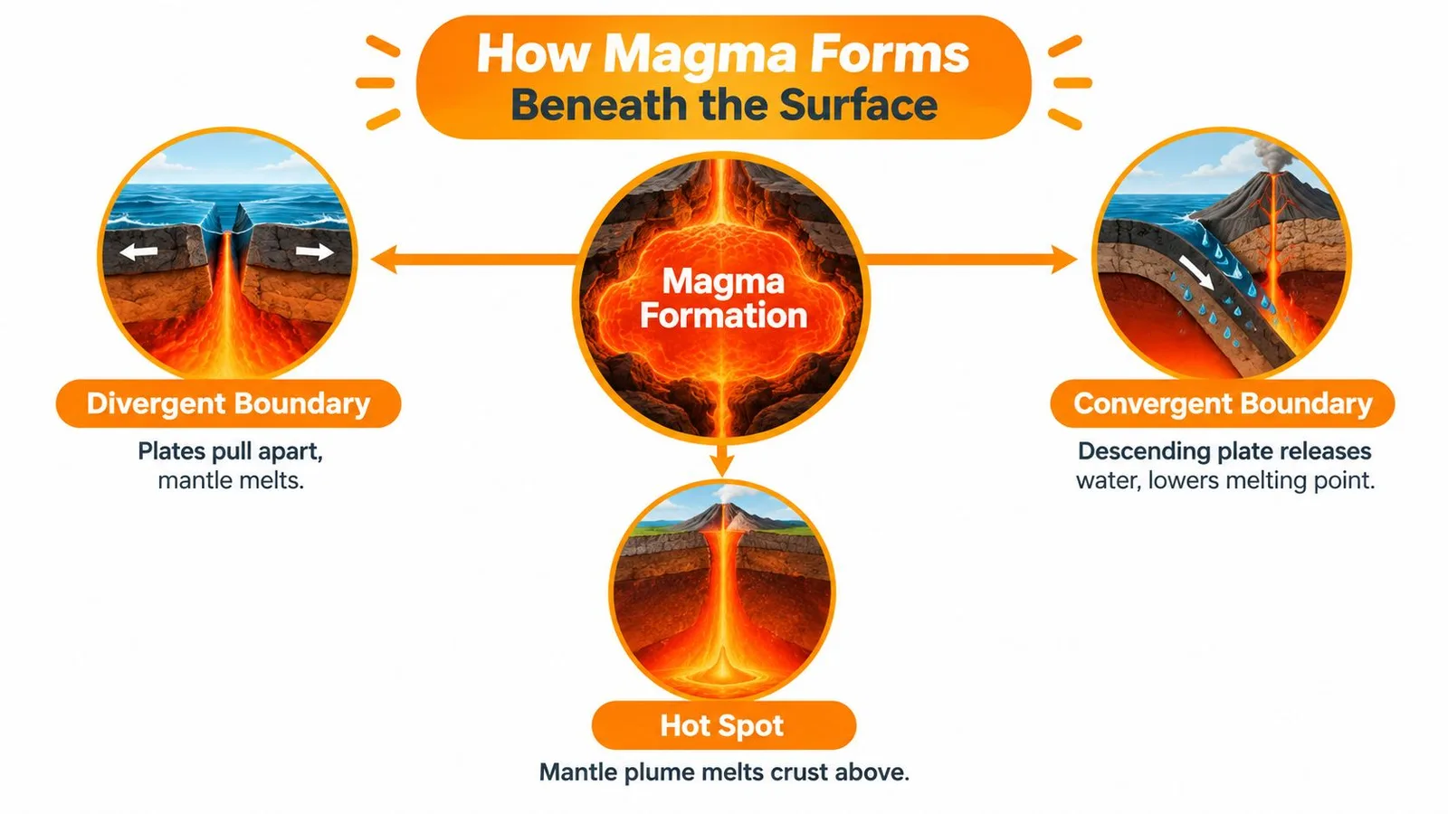 A diagram illustrating three geological processes for magma formation: divergent boundaries, convergent boundaries, and hot spots.