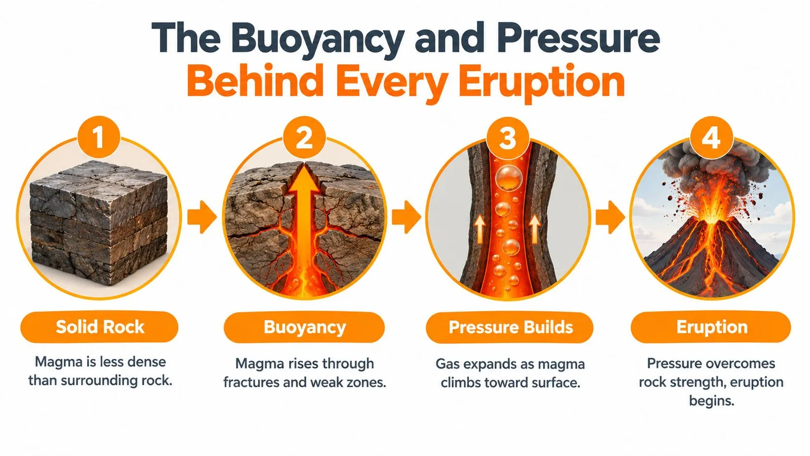 An infographic showing the four stages of a volcanic eruption from solid rock to explosion.