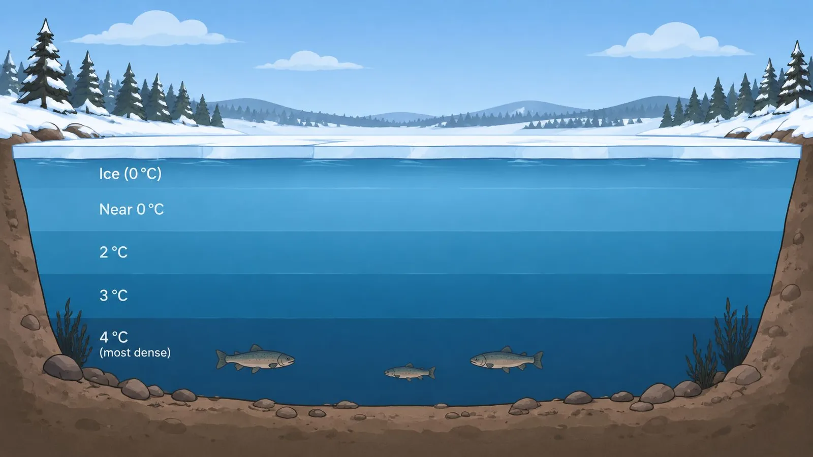 A cross-section illustration showing water temperature stratification in a frozen lake with ice on top.