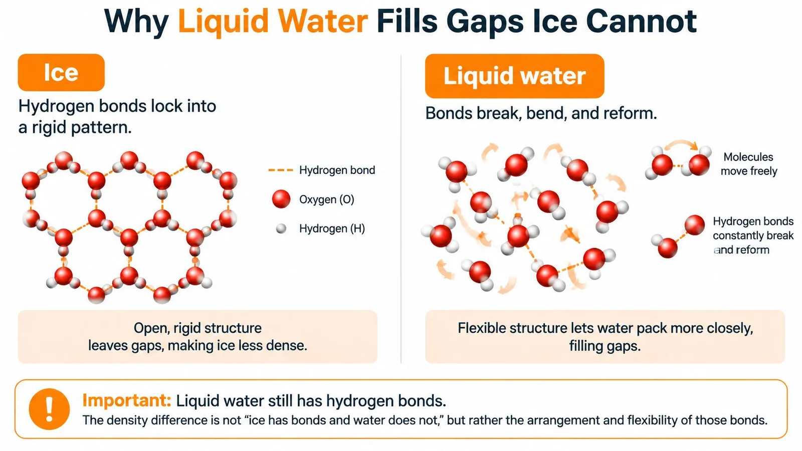 A diagram comparing the molecular structure of ice and liquid water to explain why ice floats.