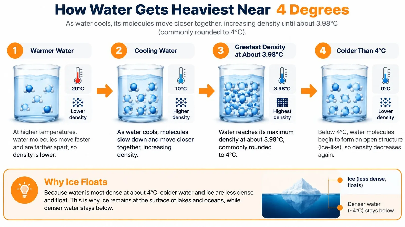 A diagram explaining why water is densest at 4 degrees Celsius and why ice floats on water.
