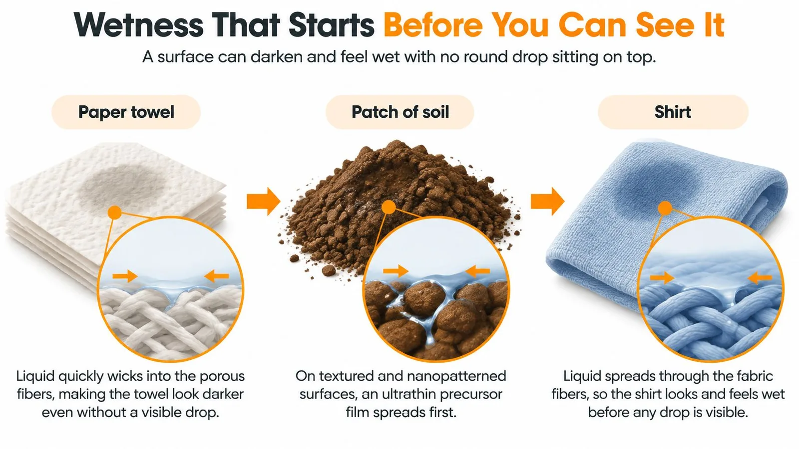A scientific infographic illustrating how liquid wicks into paper towels, soil, and fabric before visible drops form.