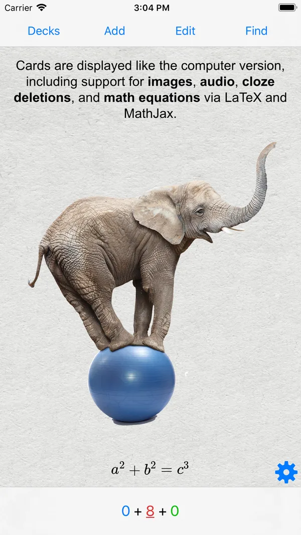 AnkiMobile flashcard showing support for images, audio, cloze deletions, and math equations rendered via LaTeX