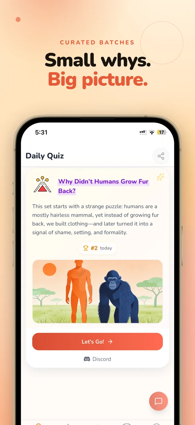 MillionWhys curated batch — a themed daily quiz titled 'Why Didn't Humans Grow Fur Back?' with context about human mammals and clothing as a cultural signal