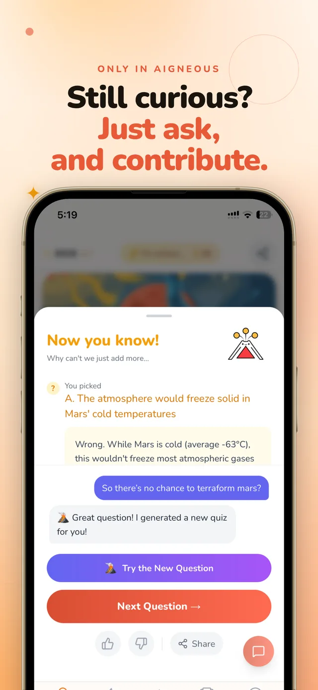 MillionWhys follow-up feature — after answering, the user can ask a follow-up question that generates a new card and saves it to the public pool for other learners
