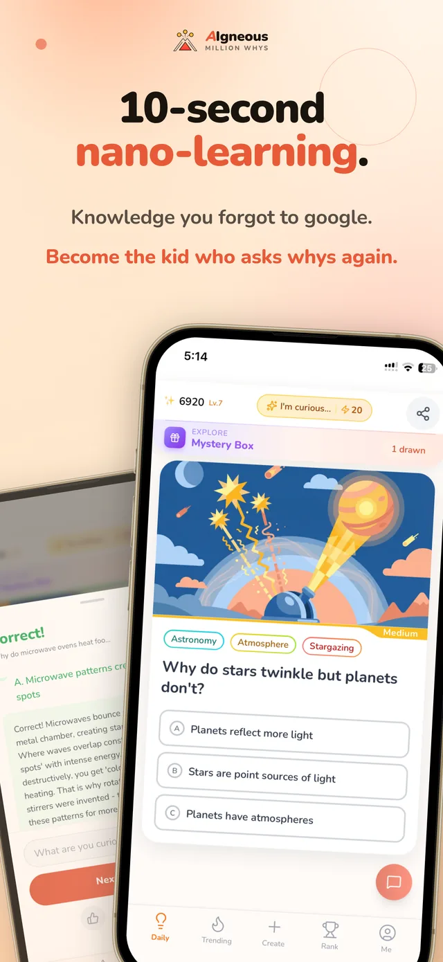 MillionWhys mobile app — a 10-second multiple-choice quiz card with three answer options, showing the nano-learning format