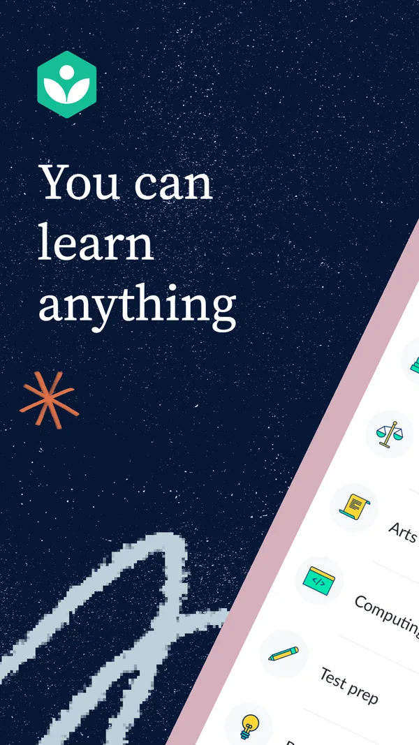 Khan Academy app marketing screen reading 'You can learn anything' with a subject tree including Arts, Computing, and Test prep