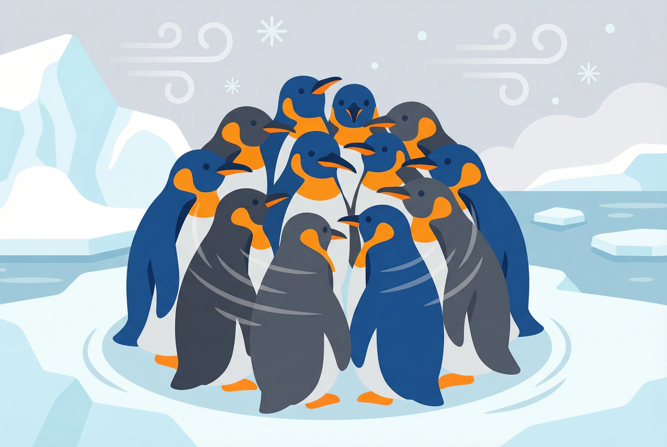 Emperor penguins huddling together to conserve heat