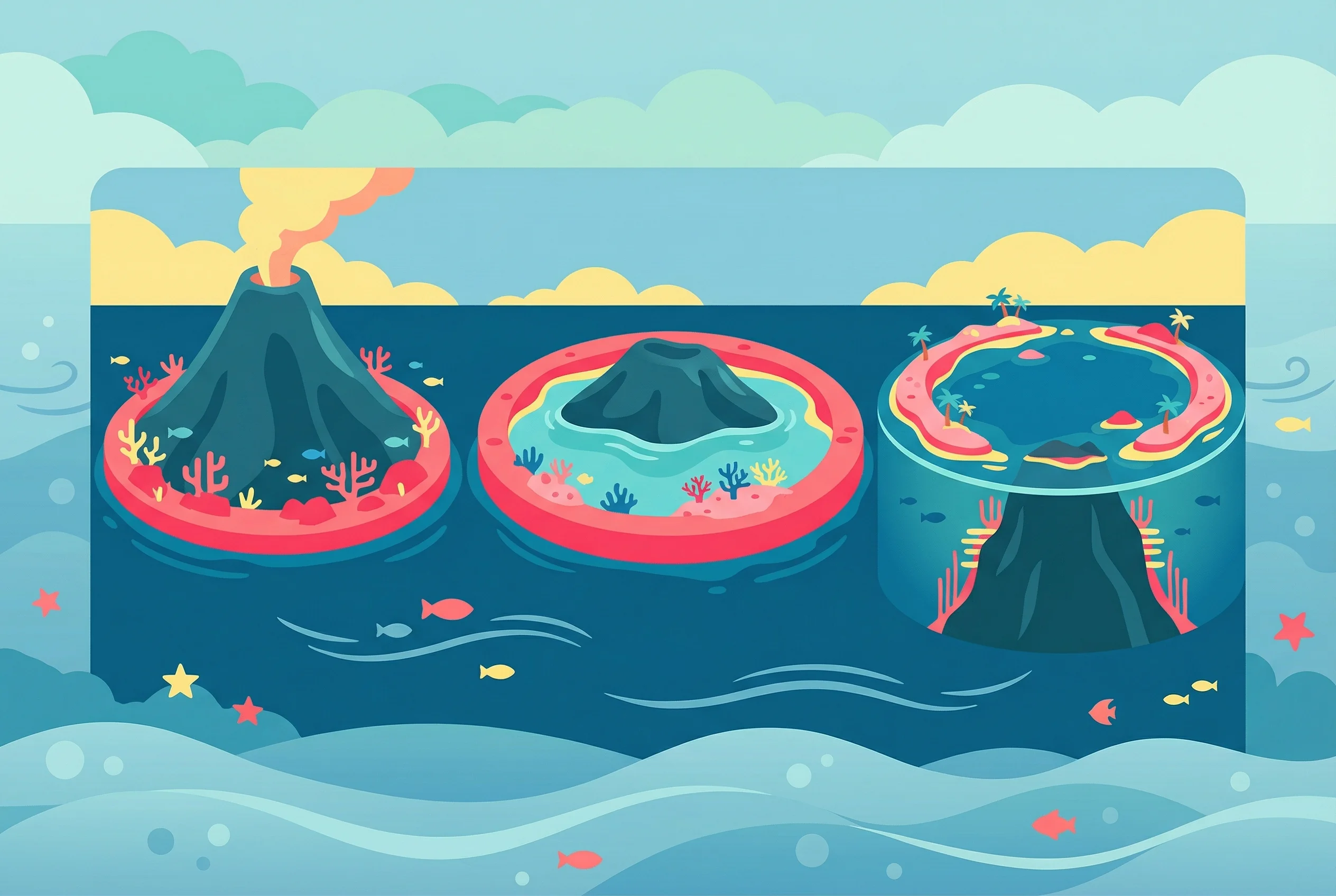 How do atolls form their ring shape?
